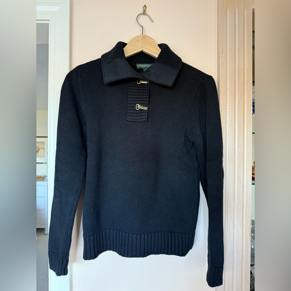 Lauren Jeans Company, Sweater, Shawl Collar w Metal Buckles, Black, Cotton, Sm